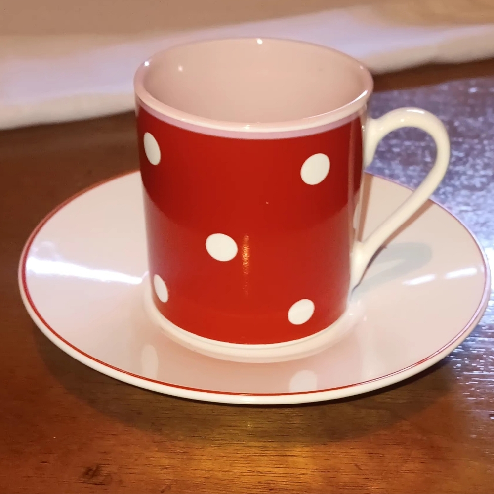 Miniature Mug & Saucer Set~3 1/2in.~Red & White Polka Dot